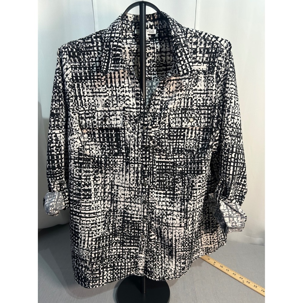 Notations Womens Black White Abstract Grid Print Roll Tab Button Down Shirt XL